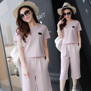 Set: Applique Short-sleeve T-shirt + Cropped Wide-leg Pants