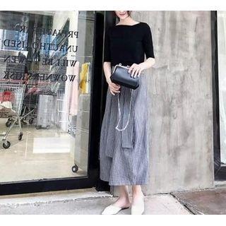Set: Elbow-sleeve Top + Striped Maxi A-line Skirt