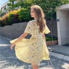 Ruffle-sleeve Floral Print Dress Yellow - One Size