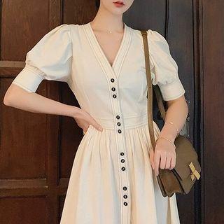 Puff Sleeve V-neck Button-up A-line Dress