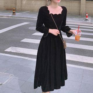 Long-sleeve Scallop Trim Midi A-line Dress