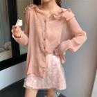 Long-sleeve Crinkled Ruffled Chiffon Buttoned Top / Sequined A-line Mini Skirt