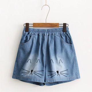 Elastic-waist Embroidered Denim Shorts