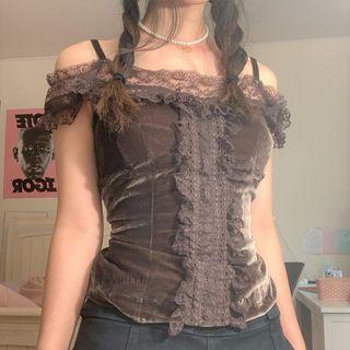 Off-shoulder Lace-trim Velvet Top
