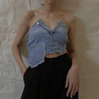 Strapless Distressed Denim Cropped Camisole Top