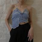 Strapless Distressed Denim Cropped Camisole Top