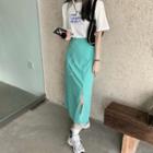 Elbow-sleeve Lettering T-shirt / Slit Midi Skirt