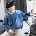 Long-sleeved Distressed Loose-fit Crewneck Plain Denim Sweatshirt