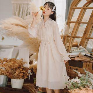 Tie-neck Long-sleeve Shift Dress / Flower Embroidered Cardigan / Set
