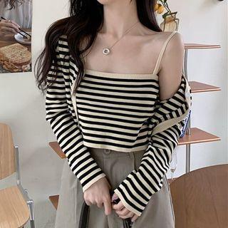 Striped Knit Cropped Tank Top / V-neck Striped Long-sleeve Cardigan