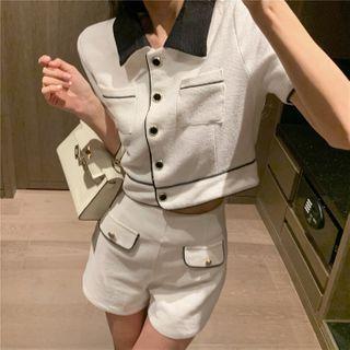 Set: Contrast Collar Short-sleeve Cropped Blouse + Shorts