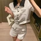 Set: Contrast Collar Short-sleeve Cropped Blouse + Shorts
