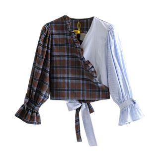 Bell-sleeve Plaid Panel Top