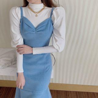 Mock-neck Top / Strappy Midi Sheath Dress