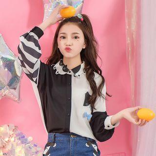Cat Print Two-tone Blouse