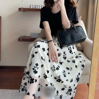 Short-sleeve Floral Print Midi A-line Dress / Skirt