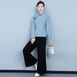 Long-sleeve Qipao Top / Wide Leg Pants / Set