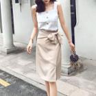 Set: Buttoned Sleeveless Top + Wrap Midi Skirt