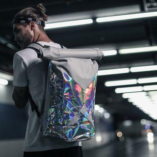 Iridescent Stripe Foldover Bucket Backpack Dirty White - One Size