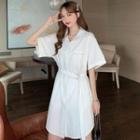 Elbow-sleeve Buckled Short A-line Shirt Dress