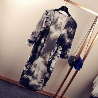 Printed Elbow-sleeve Chiffon Open-front Jacket Black & White - One Size