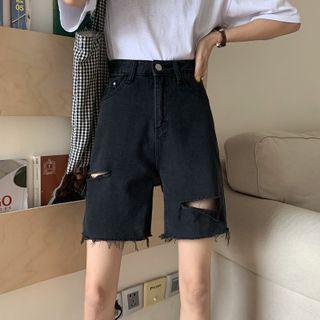 High Waist Distressed Plain Shorts
