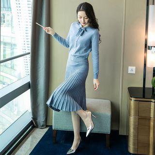 Set: Tie-neck Cardigan + Knit Midi Accordion Pleat Skirt