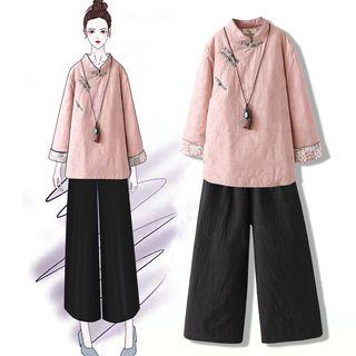Set: Knot Button Hanfu Top + Wide Leg Pants