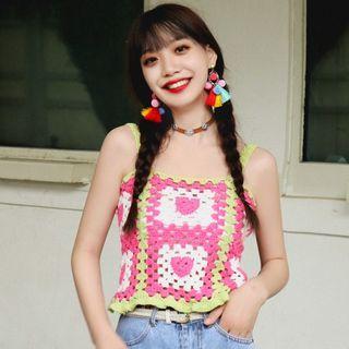 Color Block Crochet Knit Camisole Top Pink - One Size