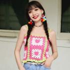 Color Block Crochet Knit Camisole Top Pink - One Size