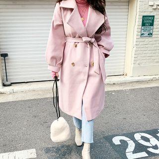 Wide-lapel Bishop-sleeve Coat With Sash
