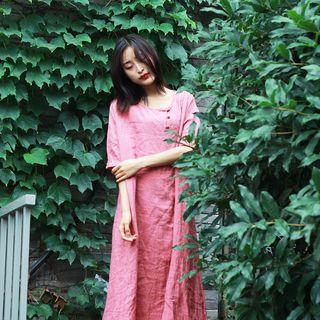 Plain Elbow Sleeve Linen Midi Dress Dark Pink - One Size