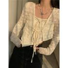 Set: Tie-front Cropped Jacket + Camisole Top Beige - One Size