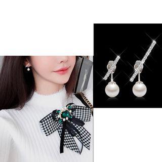 Non-matching Rhinestone Bar Faux Pearl Dangle Earring 1 Pair - Silver Needle - Silver - One Size