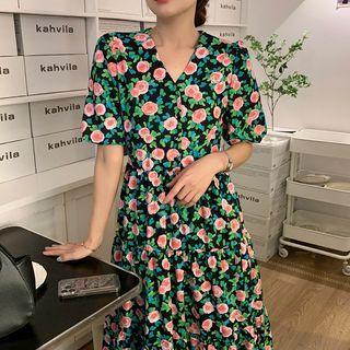 Short-sleeve V-neck Floral Midi A-line Dress Pink Floral - Black - One Size