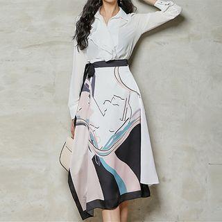 Set: Chiffon Shirt + Print Midi A-line Skirt