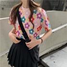 Floral Short-sleeve Slim-fit Cropped T-shirt