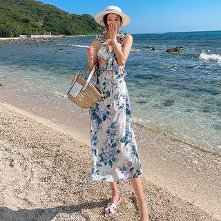 Halter Ruffle Floral Midi A-line Dress