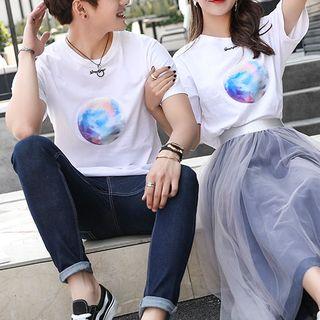 Couple Matching Printed Short Sleeve T-shirt / Set: Printed Short Sleeve T-shirt + Midi Mesh Skirt