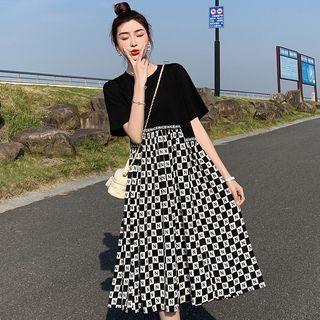 Mock Two-piece Short-sleeve Checker Print Dress