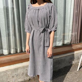 Square-neck Gingham Dress With Sash