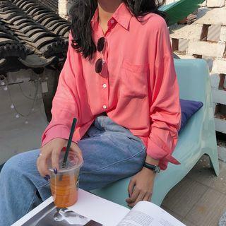 Pocket Front Long Sleeve Shirt Pink - One Size