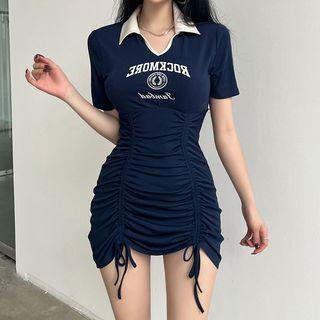 Short-sleeve Collar Lettering Drawstring Mini Sheath Dress