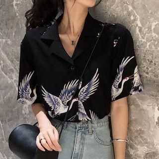 Crane Print Short-sleeve Blouse