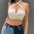 Cross-strap V-neck Ribbed-knit Cropped Camisole Top