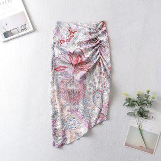 Print Shirred Midi Pencil Skirt