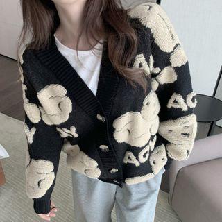 Bear Print V-neck Cardigan Black - One Size