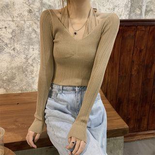 Mock Two-piece V-neck Halter Long-sleeve Knit Top