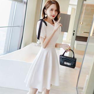 Puff Sleeve Asymmetrical Neck Plain A-line Dress