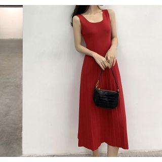 Sleeveless Plain Pleated Midi A-line Dress